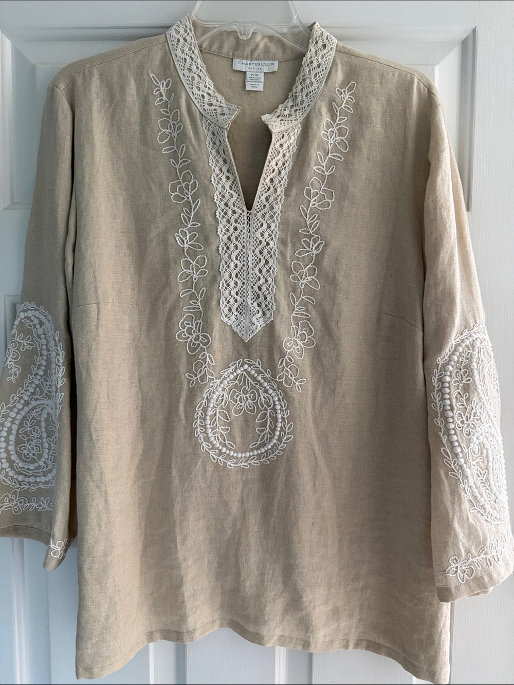 Charter Club Natural Beige Linen Tunic with White Embroidery - Size P/XL